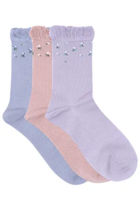 Balenzia Women's Floral design Woolen high ankle Socks- Blue,Pink,Purple-(Pack of 3 Pairs/1U)