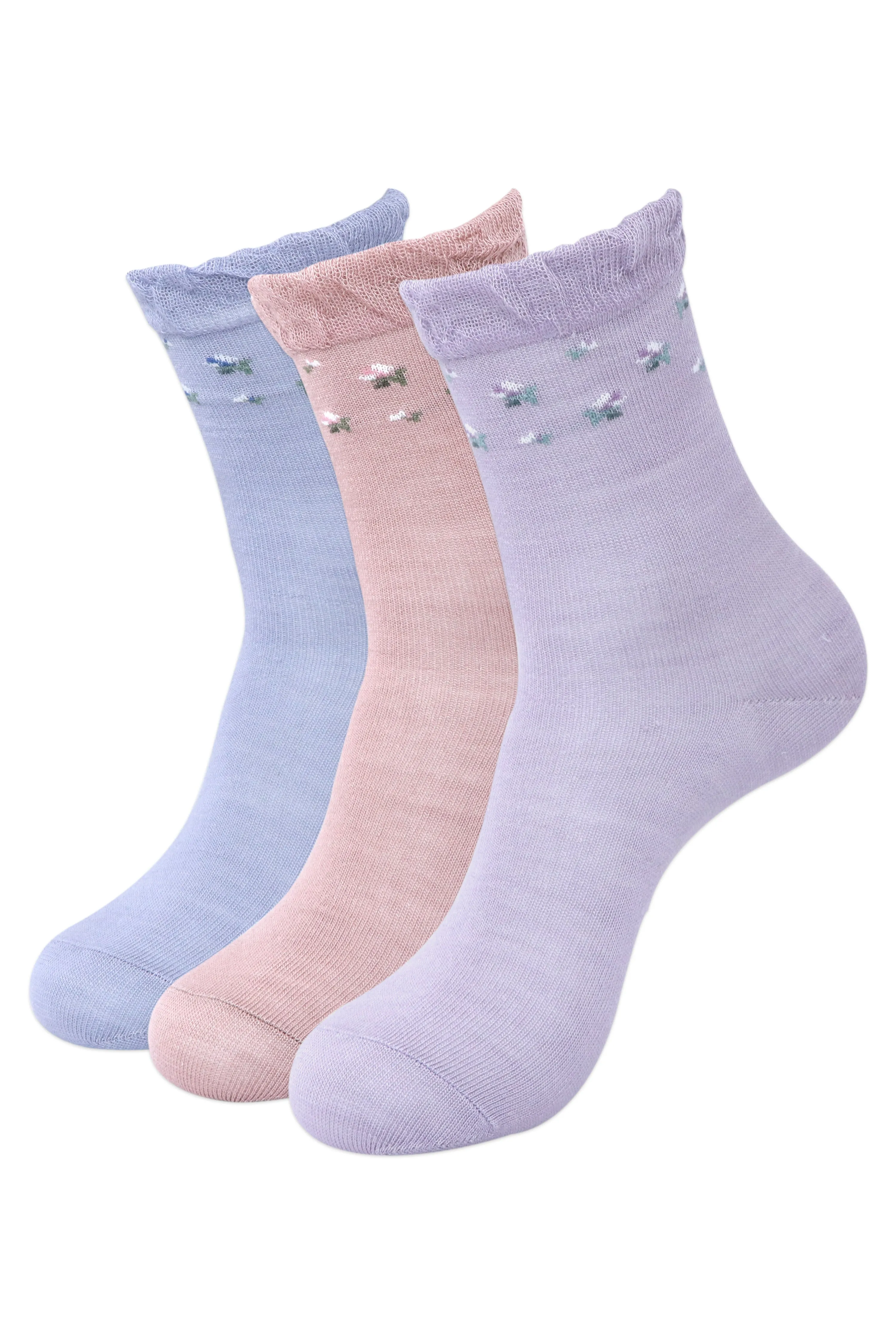 Balenzia Women's Floral design Woolen high ankle Socks- Blue,Pink,Purple-(Pack of 3 Pairs/1U)