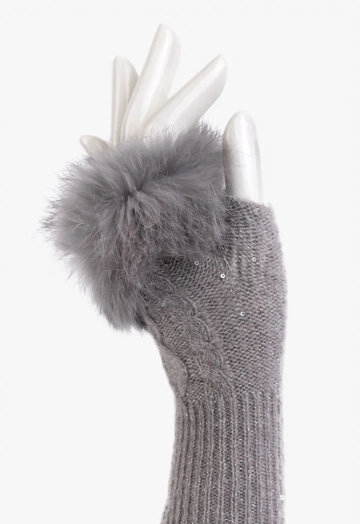 Choice Faux Fur Embellished Lurex Gloves Grey