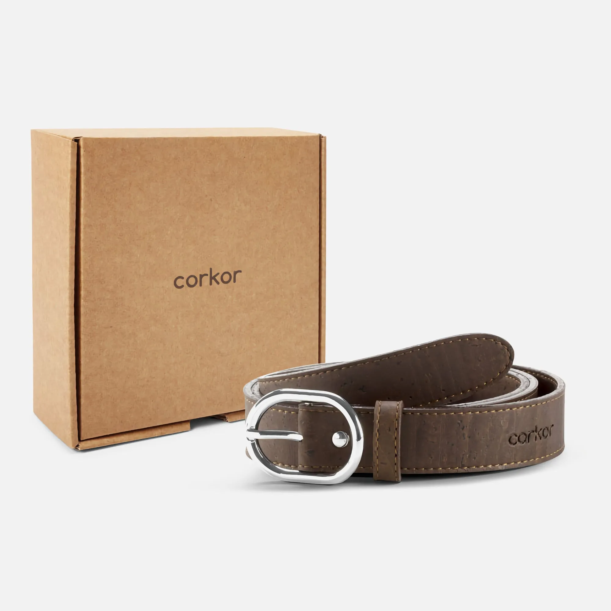 Corkor Vegan Cork Women's Belt 25 mm Wide, Dark Brown