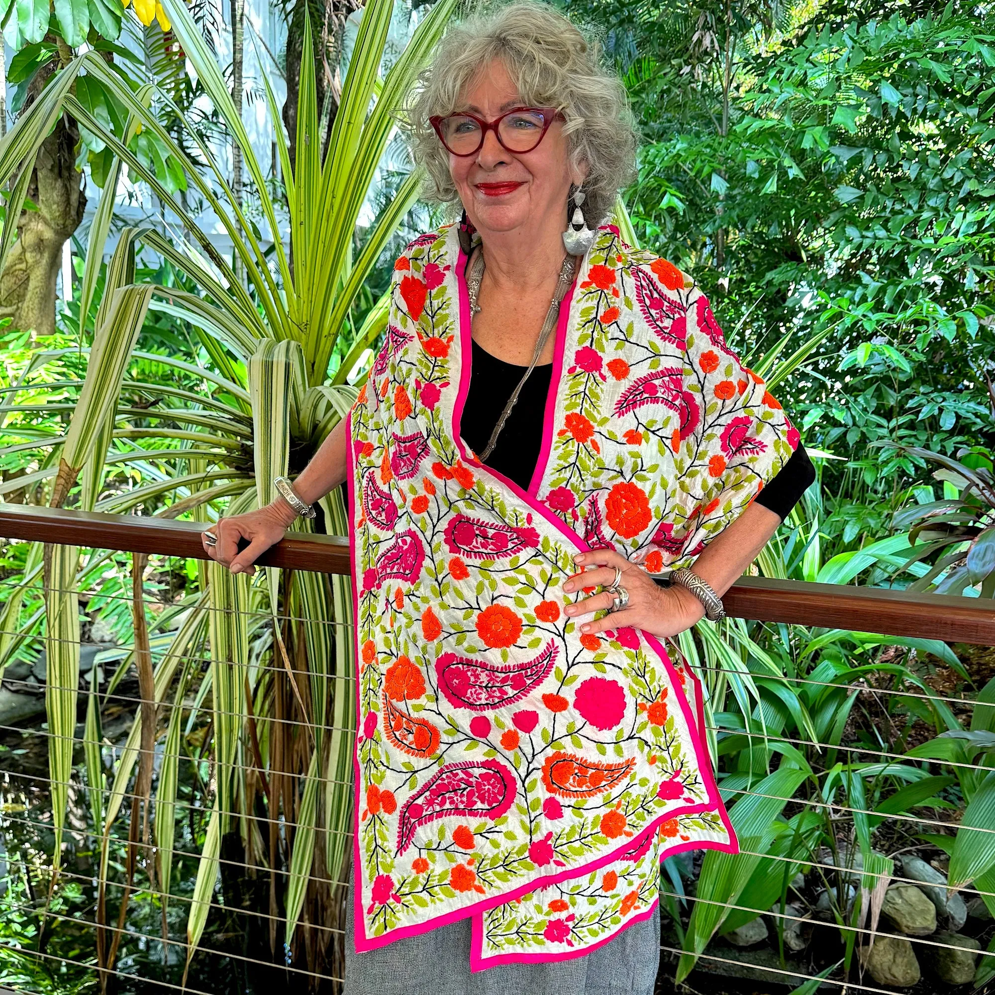 Elegant white embroidered phulkari shawl