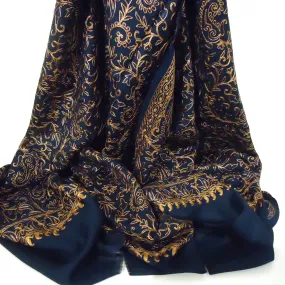 Embroidered Wool Shawl - Navy & Copper