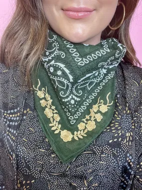 Fall Frilly Embroidered Bandana in Green Cream Detail