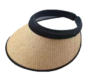 Fashion Hats Ladies Visor Rattan Woven Straw, Black-Cream, Natural