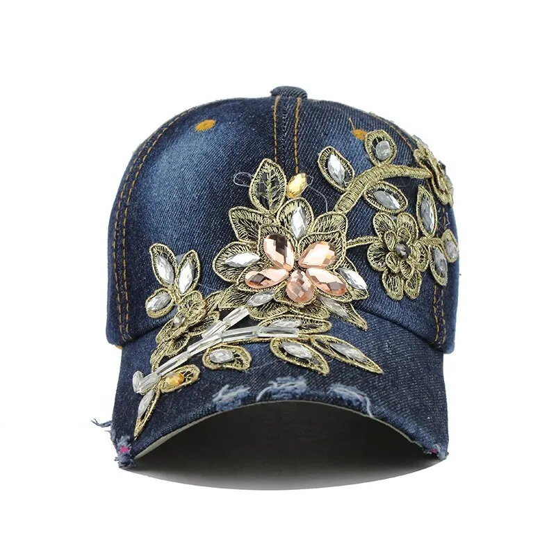 Flower Rhinestone Denim Baseball Cap