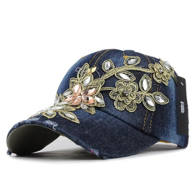 Flower Rhinestone Denim Baseball Cap