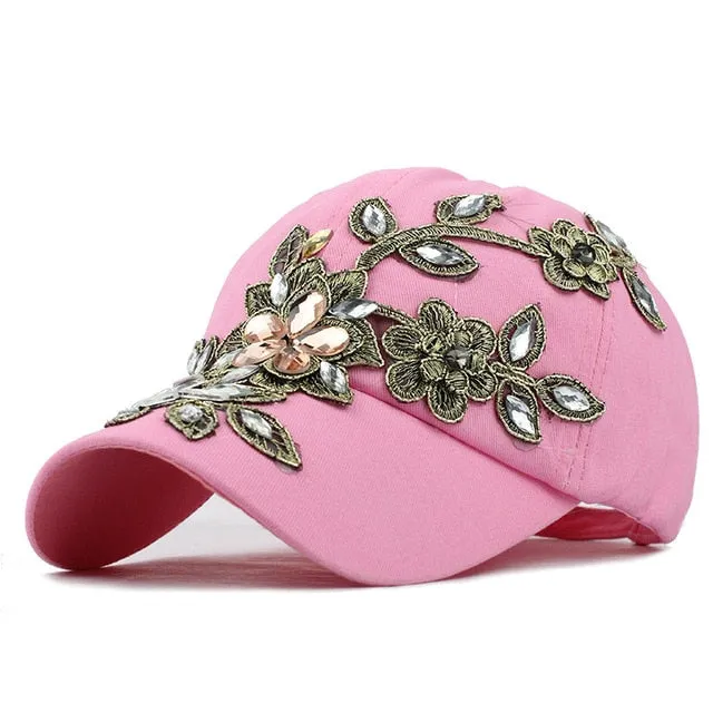 Flower Rhinestone Denim Baseball Cap