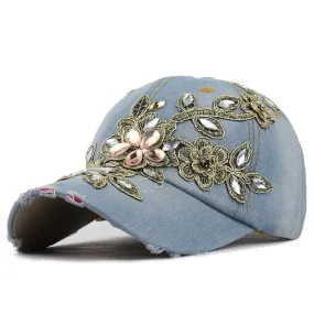 Flower Rhinestone Denim Baseball Cap