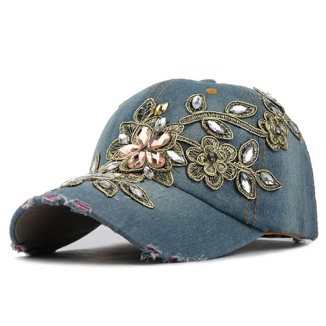 Flower Rhinestone Denim Baseball Cap