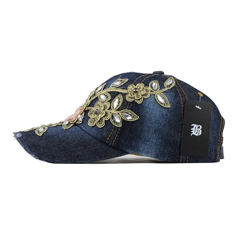 Flower Rhinestone Denim Baseball Cap