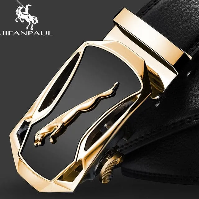 Genuine Leather Jaguar Pattern Decorative Alloy Automatic Buckle Belt