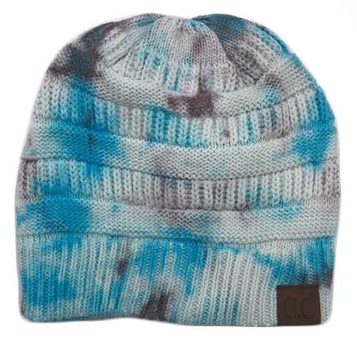 HAT-821 White/Turq Tie Dye Beanie