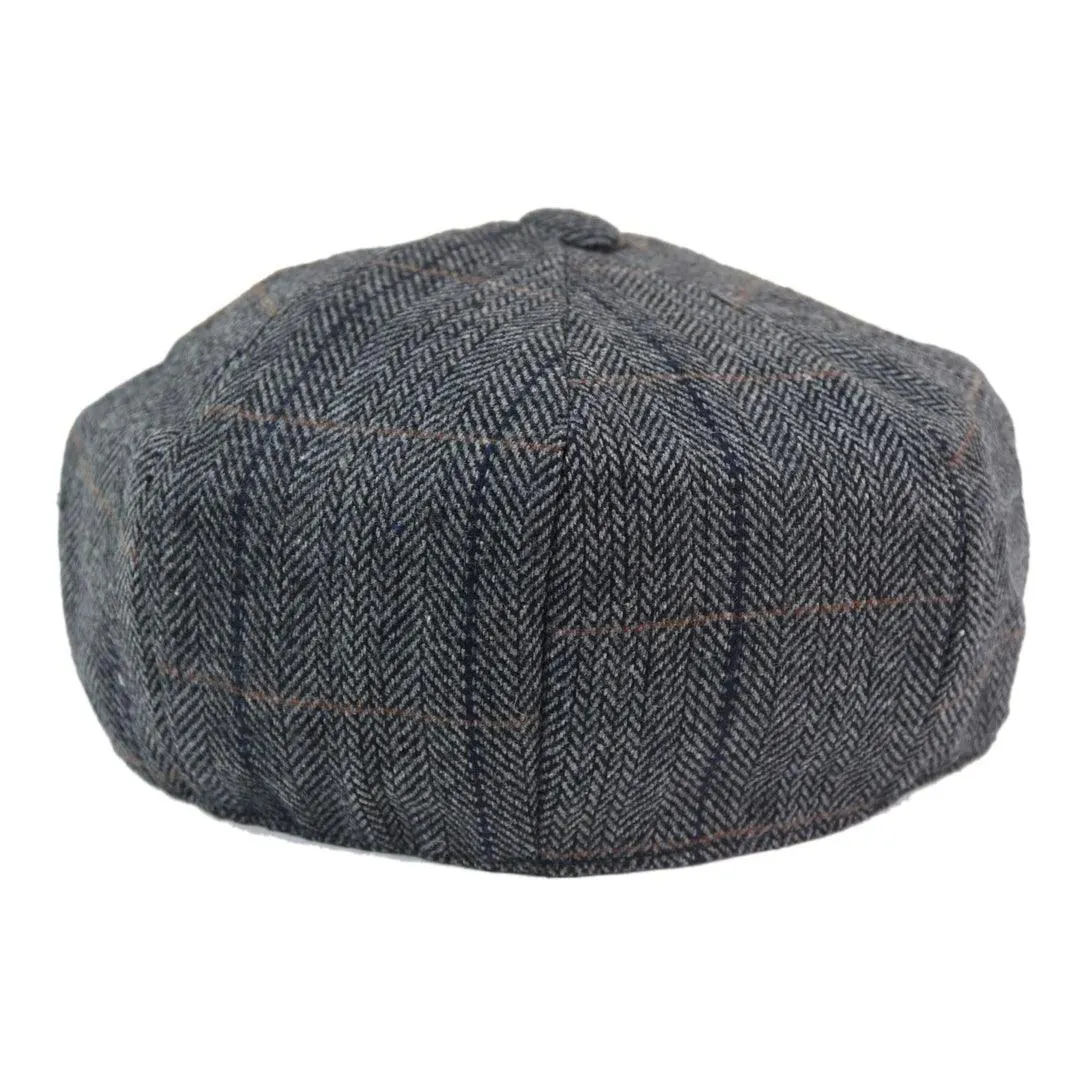 Mens 8 Panel Hat Wool Baker Boy Newsboy Flat Cap Grandad Tweed Check 1920s Peaky