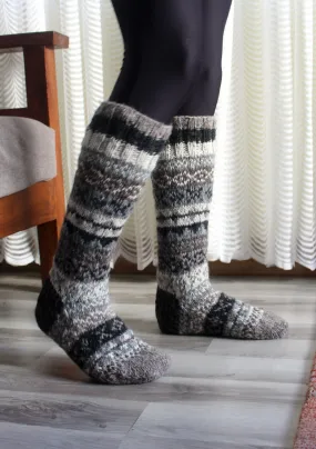 Natural Grey and White Hand Knitted Knee High Socks