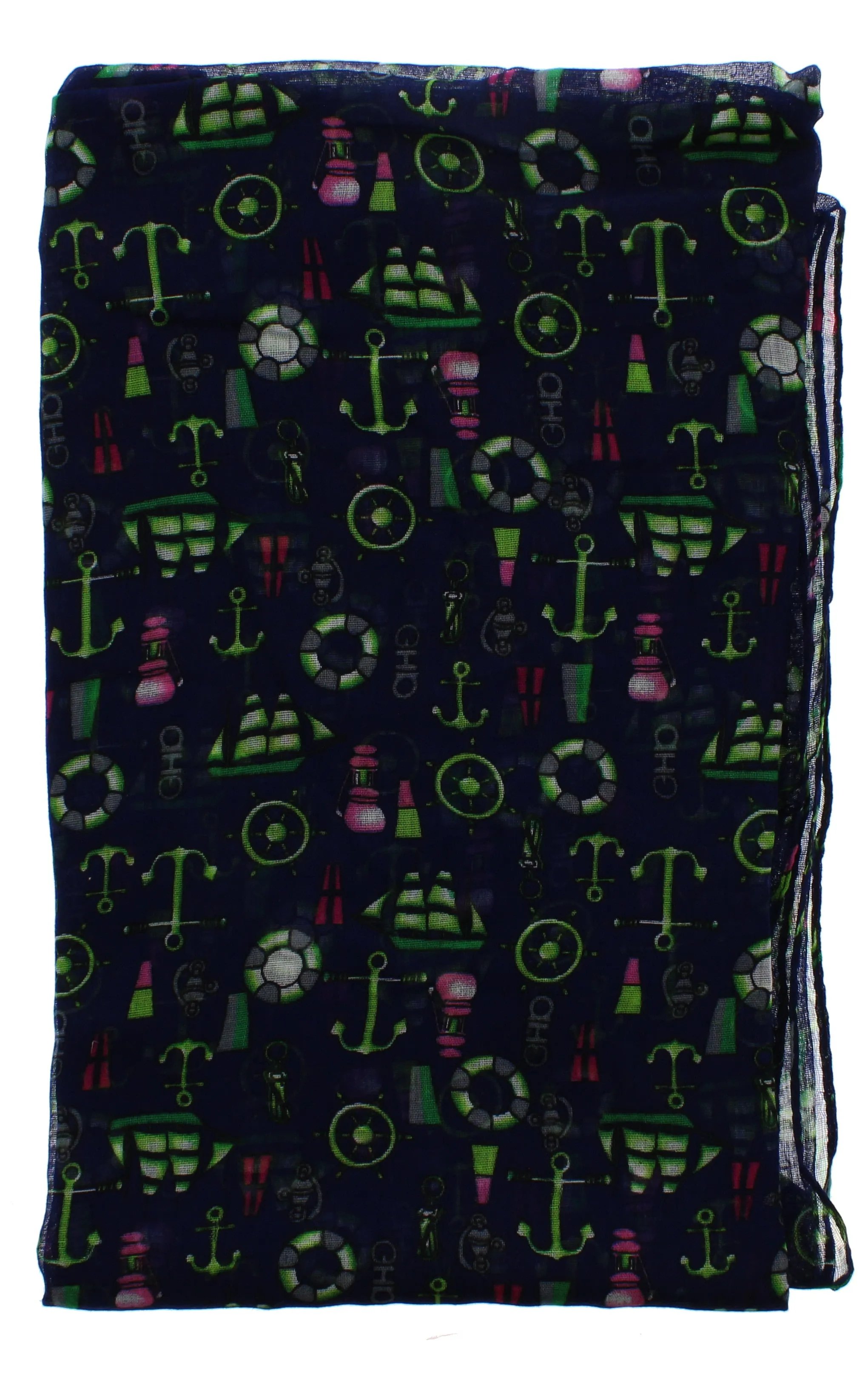 Navy Blue Scarf with Green Nautical Print