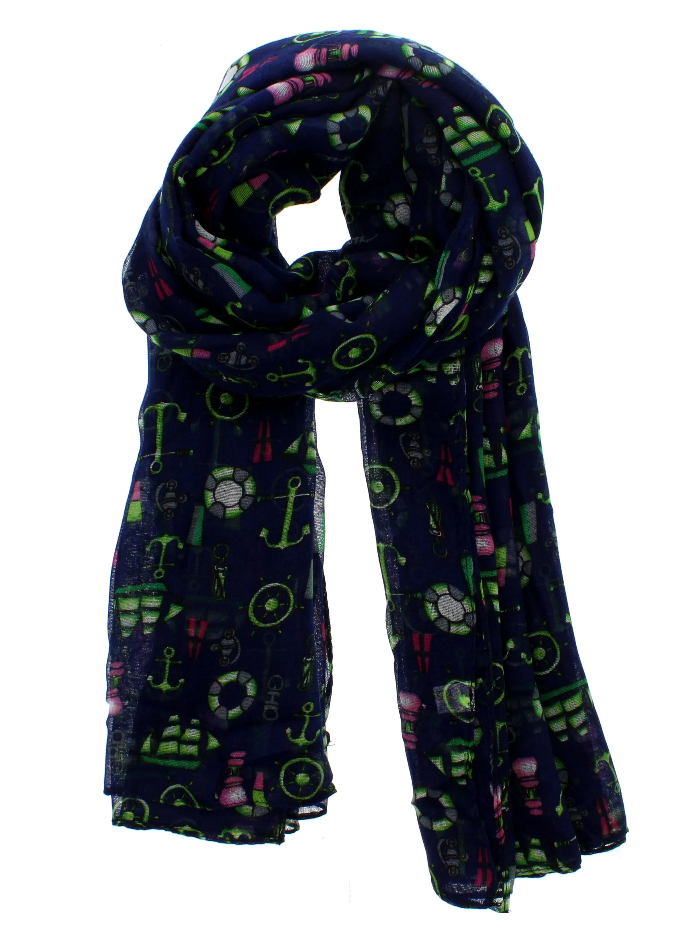 Navy Blue Scarf with Green Nautical Print