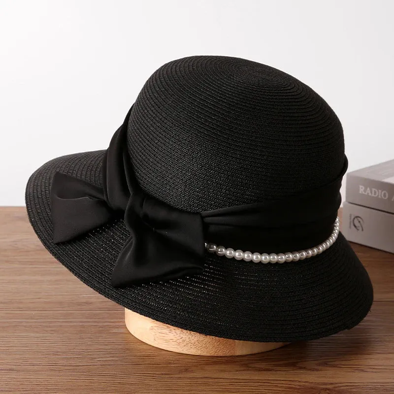 Spring Summer Fragrant Breeze Pearl Bow Sun Protection Straw Hat