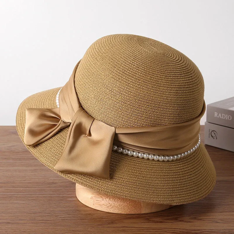 Spring Summer Fragrant Breeze Pearl Bow Sun Protection Straw Hat