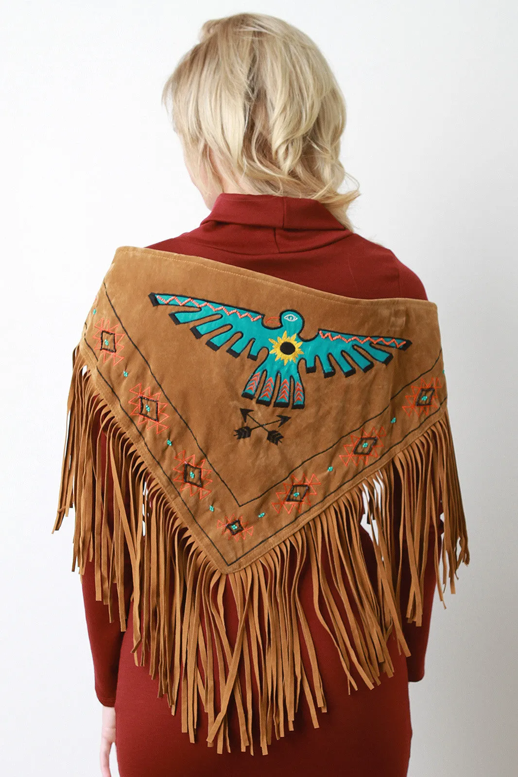 Thunderbird Embroidered Fringe Suede Triangle Scarf