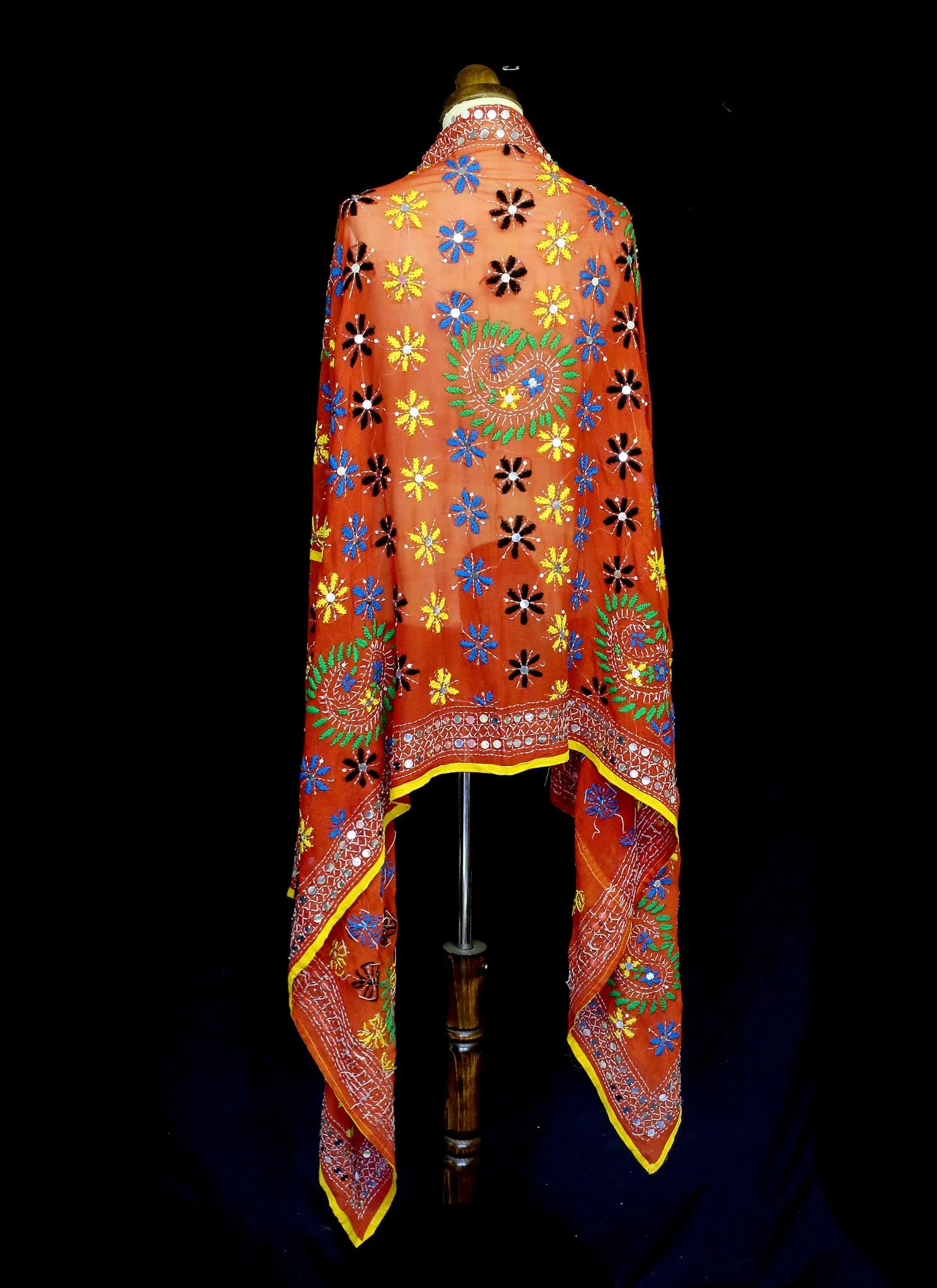 Vintage Orange Phulkari Embroidered Silk Wrap