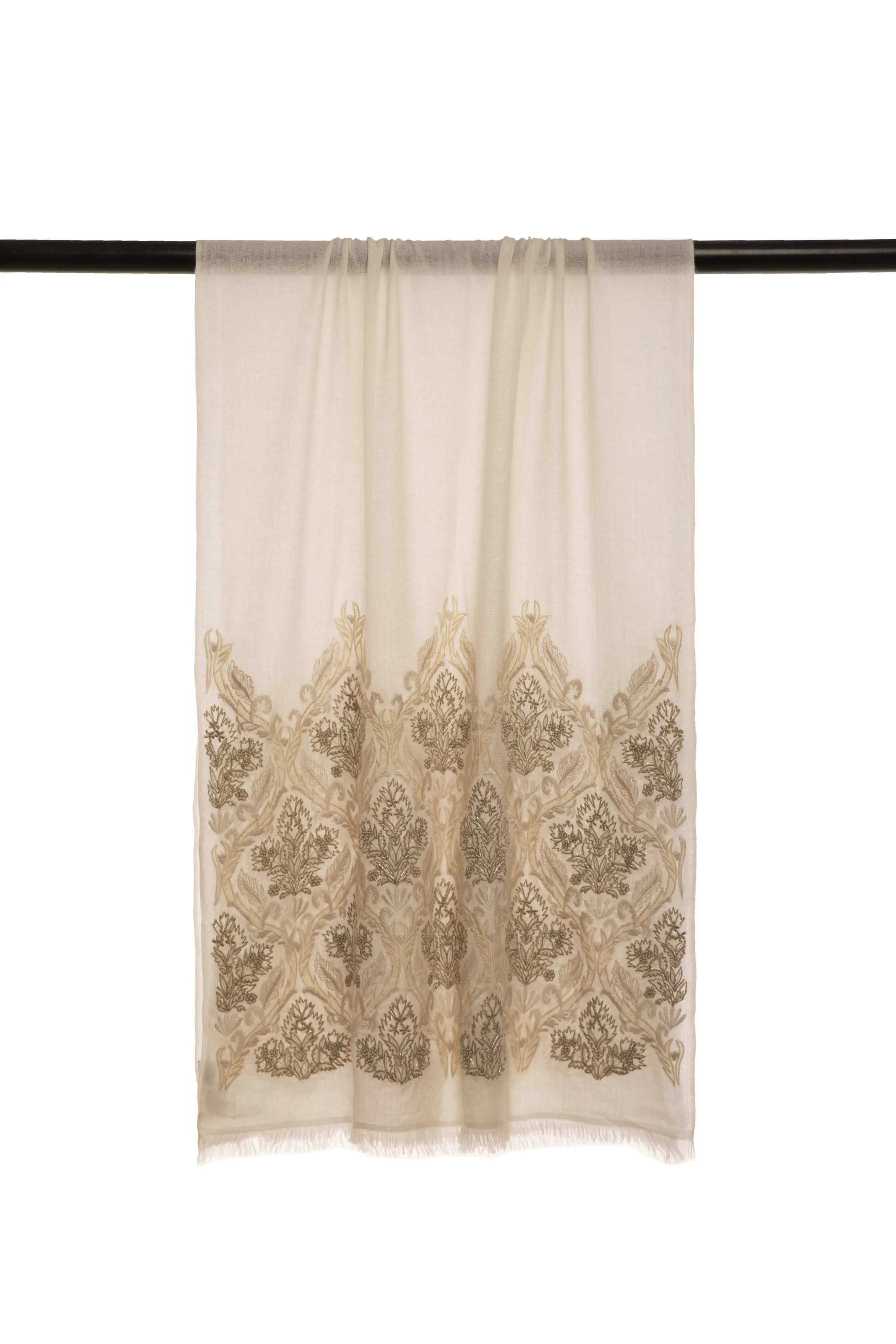 White Superfine Embroidered Cashmere Scarf