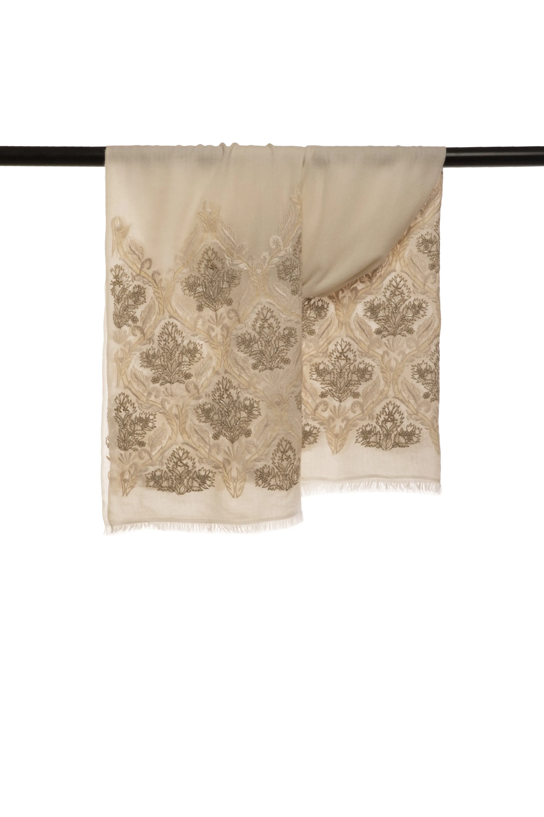 White Superfine Embroidered Cashmere Scarf