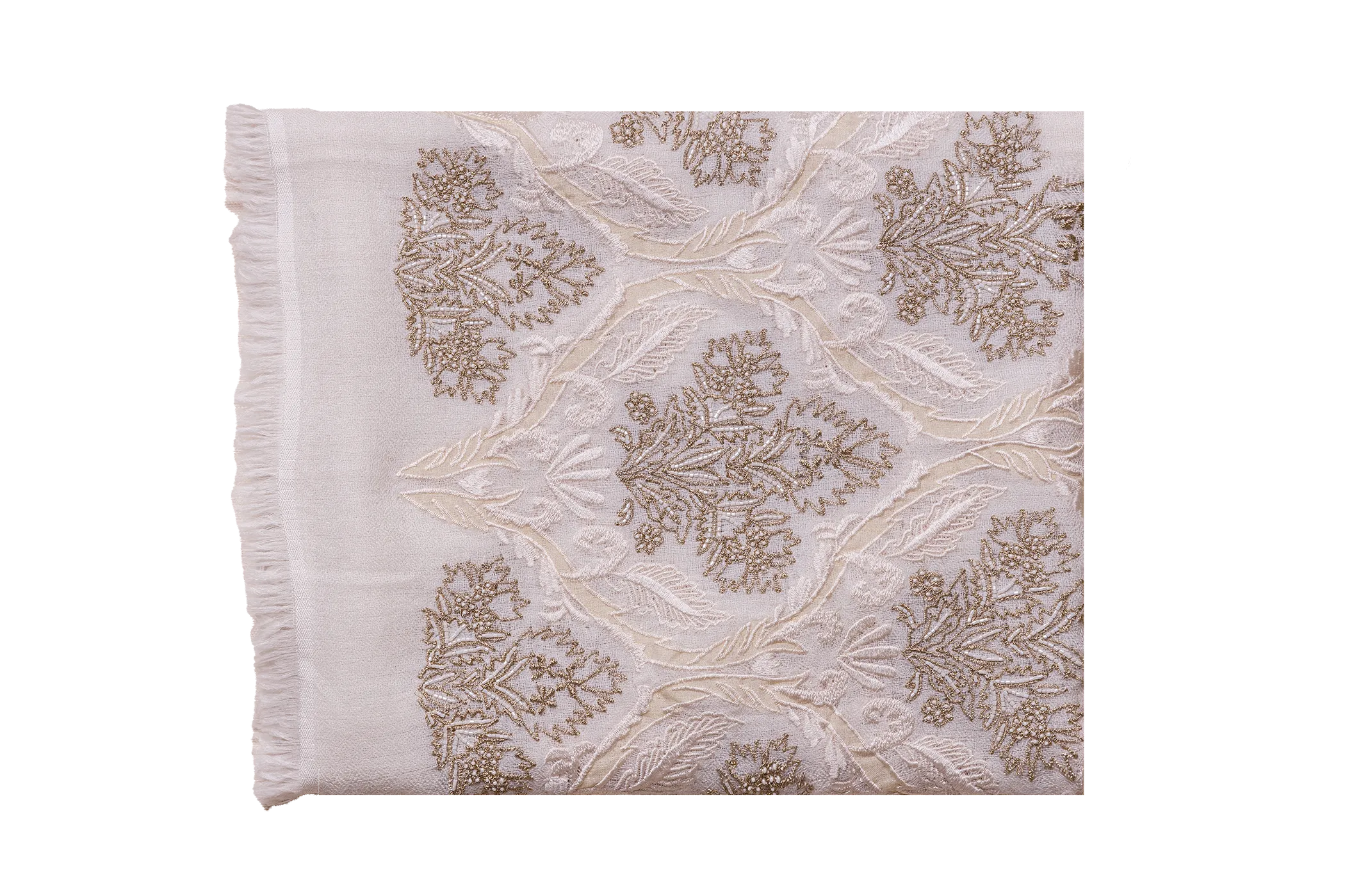 White Superfine Embroidered Cashmere Scarf