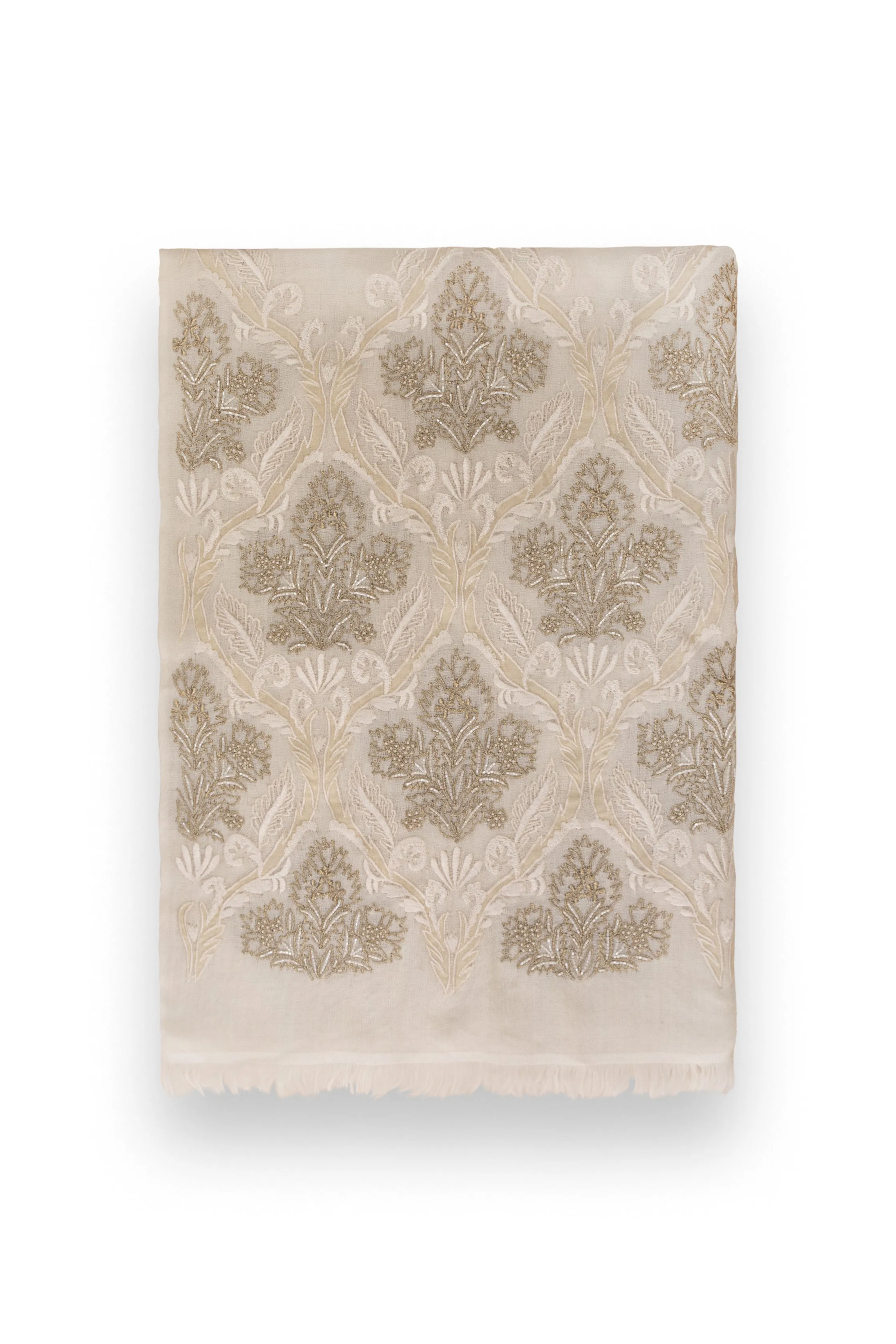 White Superfine Embroidered Cashmere Scarf